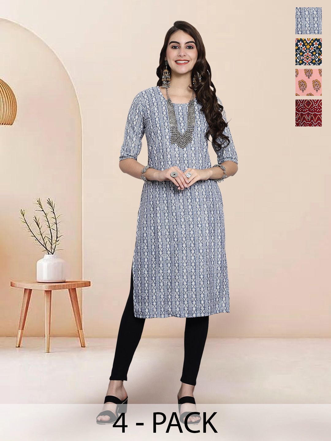 

7Threads Selection Of 4 Ethnic Motifs Printed Round Neck Straight Kurtas, Blue