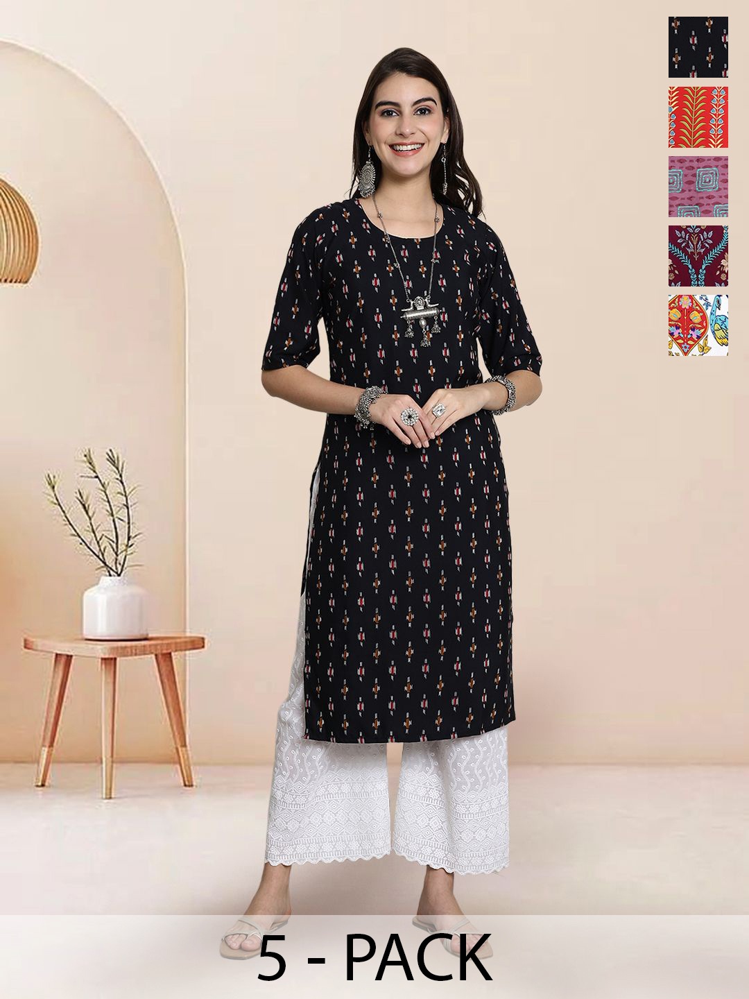 

7Threads Selection Of 5 Geometric Printed Round Neck Straight Kurtas, Black