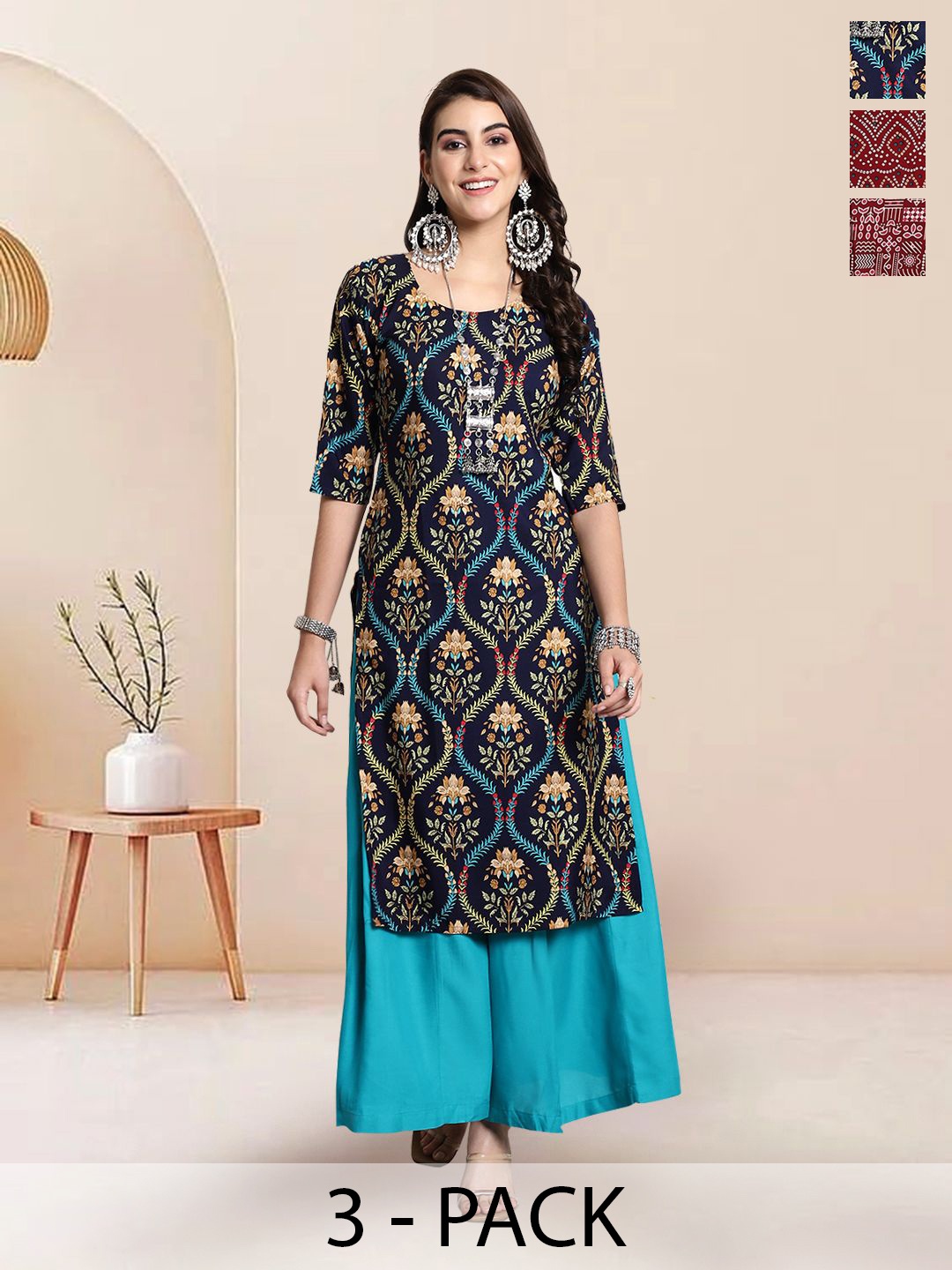 

7Threads Selection of 3 Floral Printed Round Neck Straight Kurtas, Black