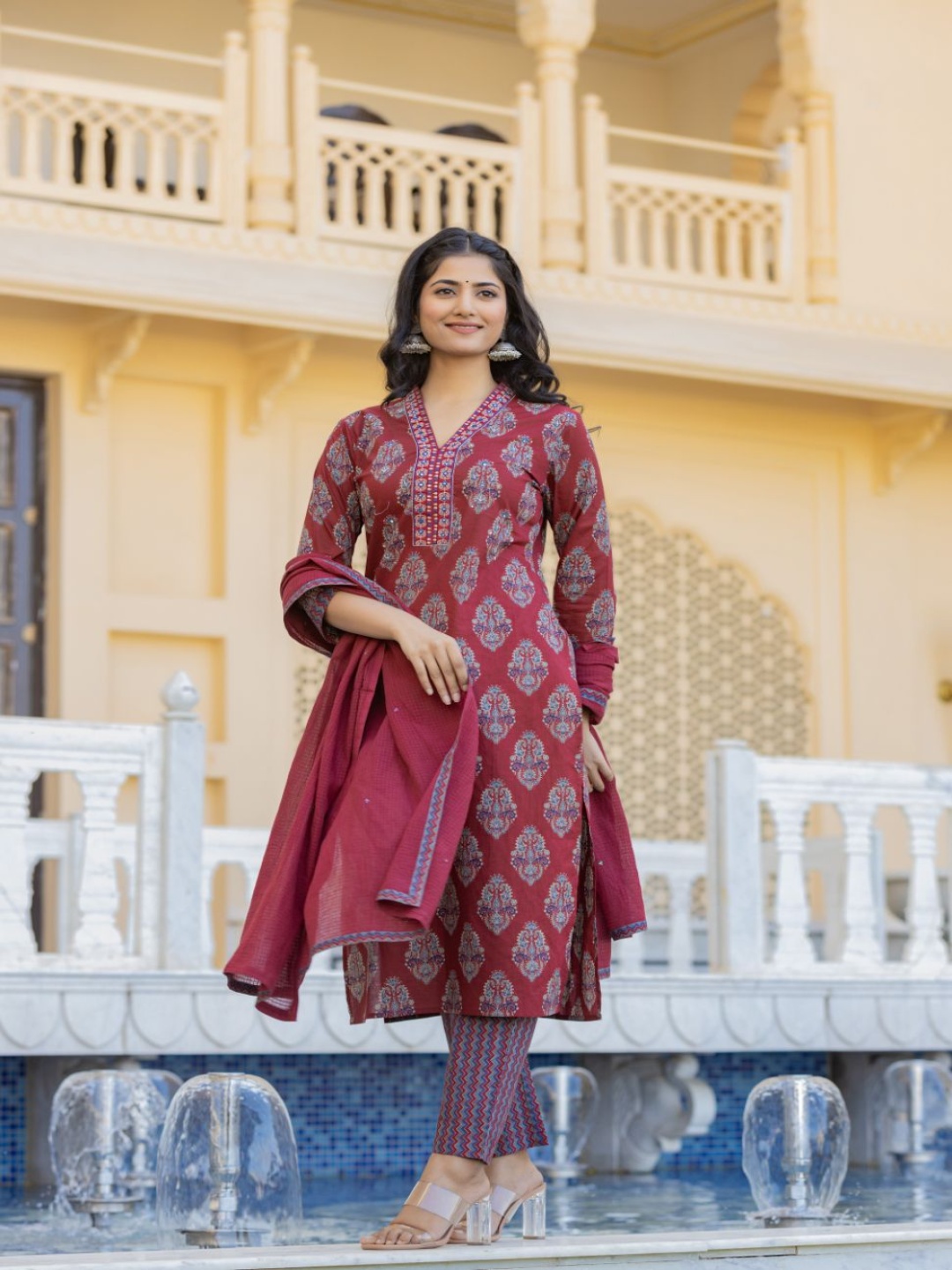 

AARDRAA Ethnic Motifs Printed V-Neck Mirror Work Pure Cotton Kurta with Trouser & Dupatta, Maroon