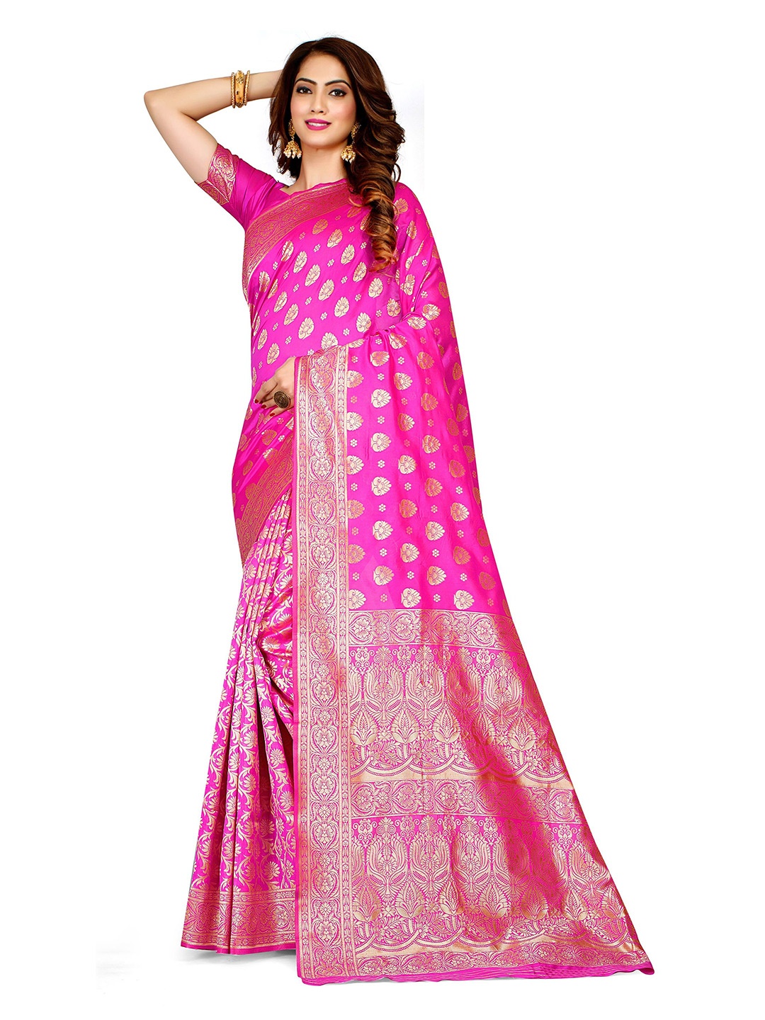 

Melok Woven Design Zari Silk Blend Banarasi Saree, Pink