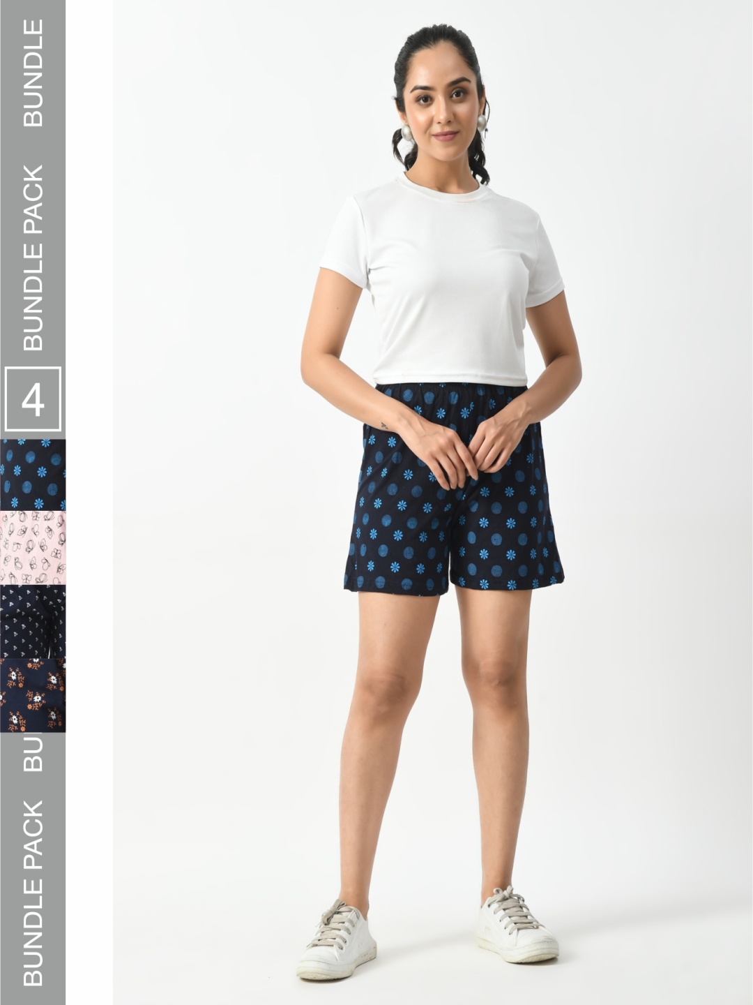 

BAESD Women Pack Of 4 Printed High-Rise Cotton Hotpant Shorts, Navy blue