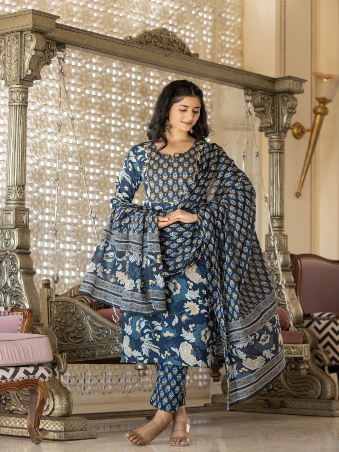 

AARDRAA Floral Printed Sequinned Pure Cotton Straight Kurta With Trousers & Dupatta, Blue