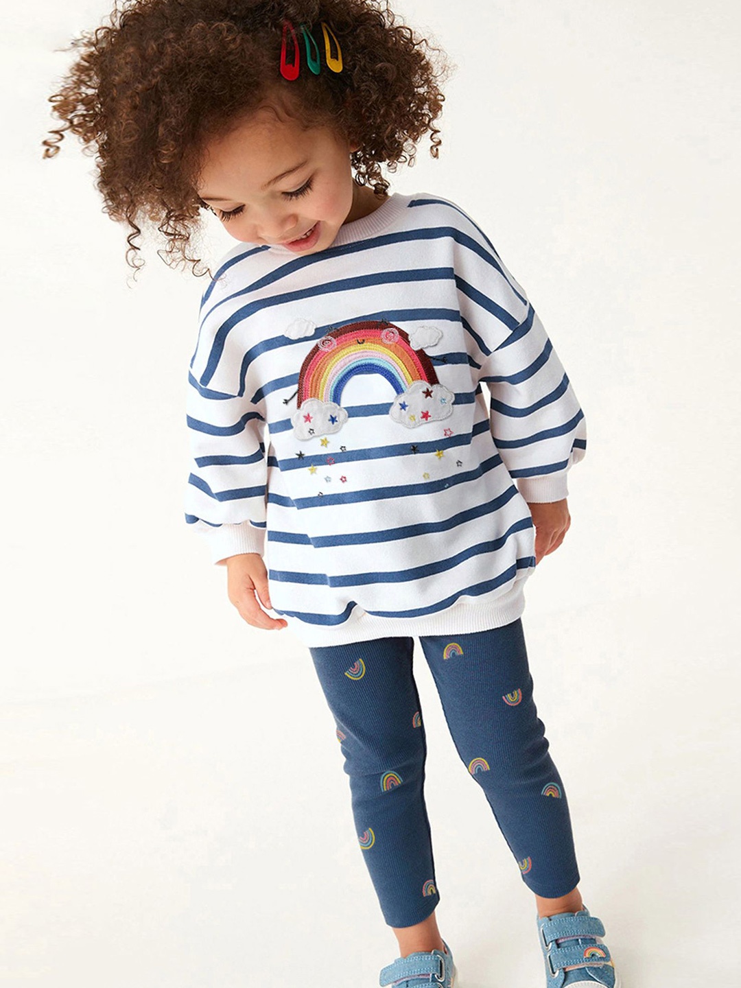 

LULU & SKY Girls Striped Round Neck Pure Cotton Sweatshirt With Leggings, White