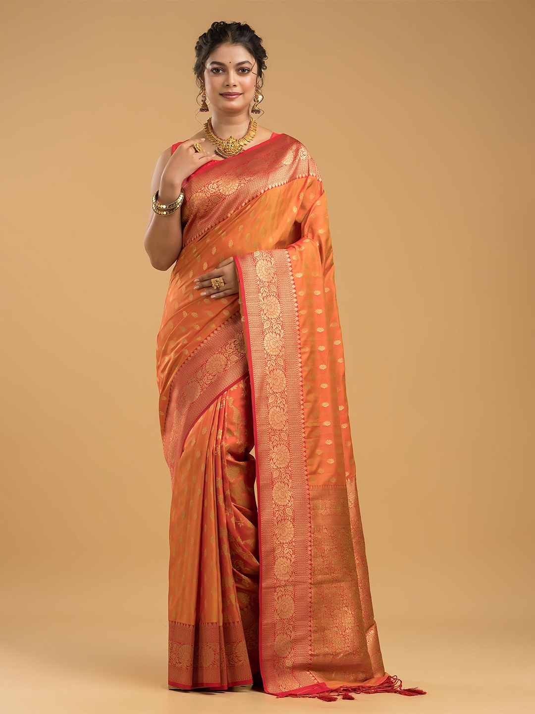 

Dheu Woven Design Zari Silk Blend Kanjeevaram Saree, Orange