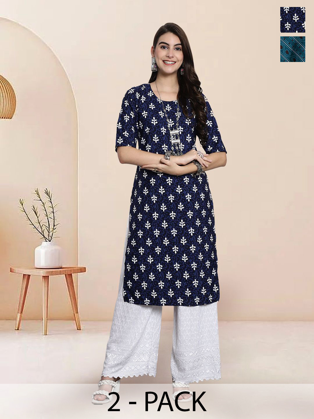 

7Threads Selection Of 2 Floral Printed Round Neck Straight Kurtas, Navy blue