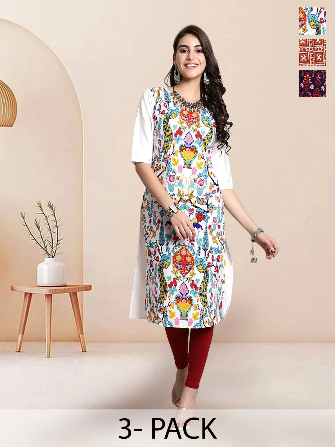 

7Threads Selection Of 3 Animal Printed Round Neck Straight Kurtas, White