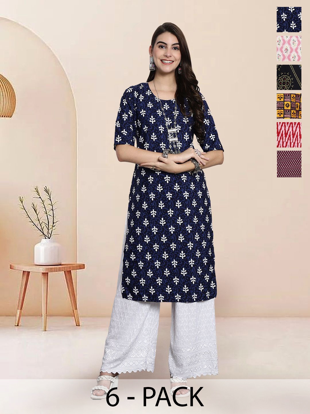 

7Threads Selection Of 6 Floral Printed Round Neck Kurtas, Blue