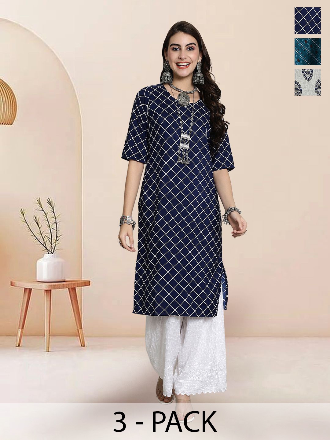 

7Threads Selection Of 3 Checked Printed Round Neck Straight Kurtas, Navy blue