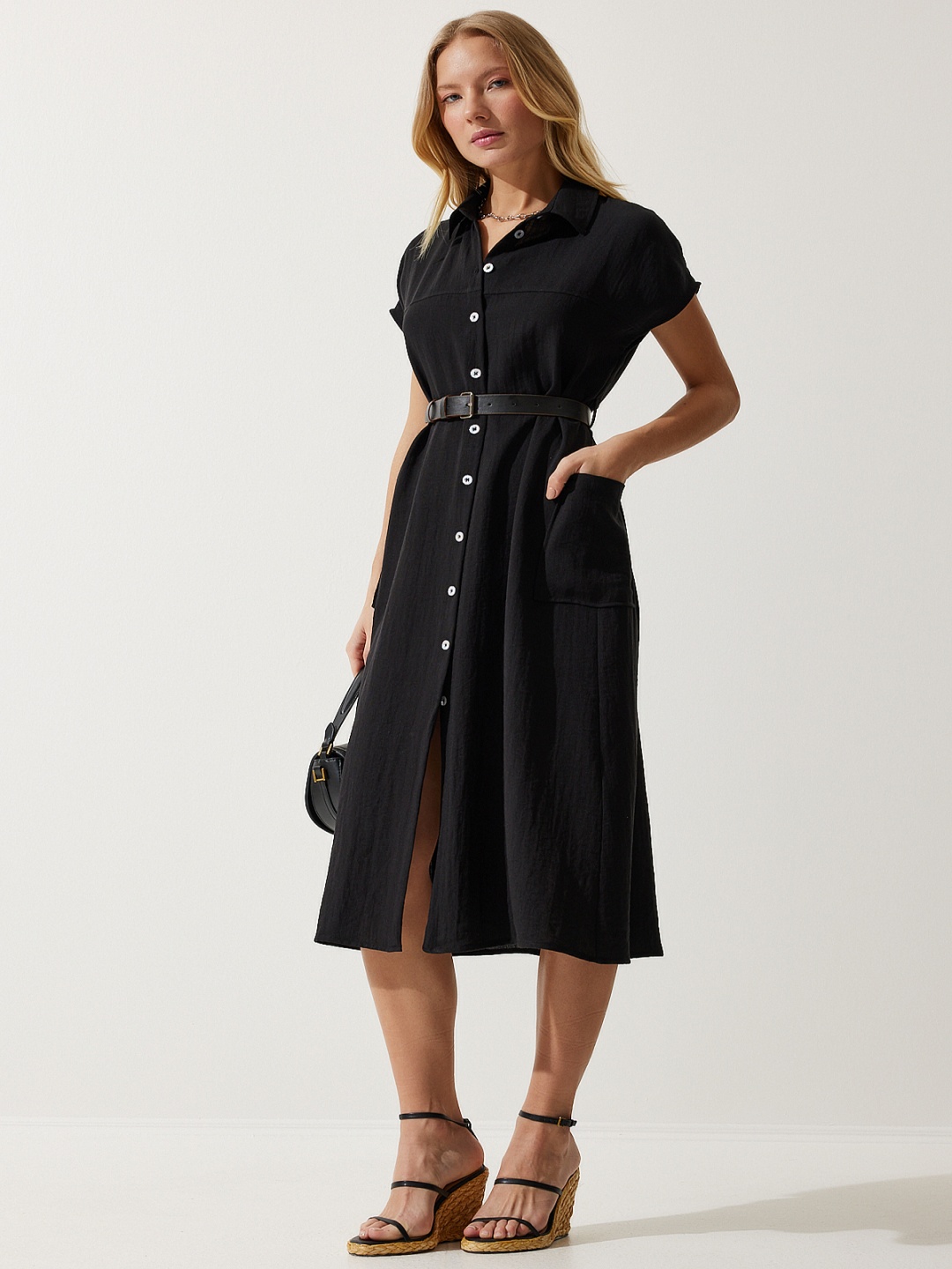 

Happiness istanbul Short Sleeves Midi Shirt Dress With Belt, Na