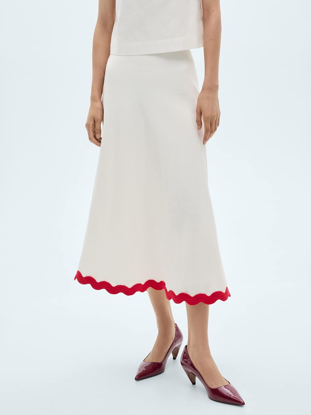 

MANGO Contrast Trim Flared Midi Skirt, White