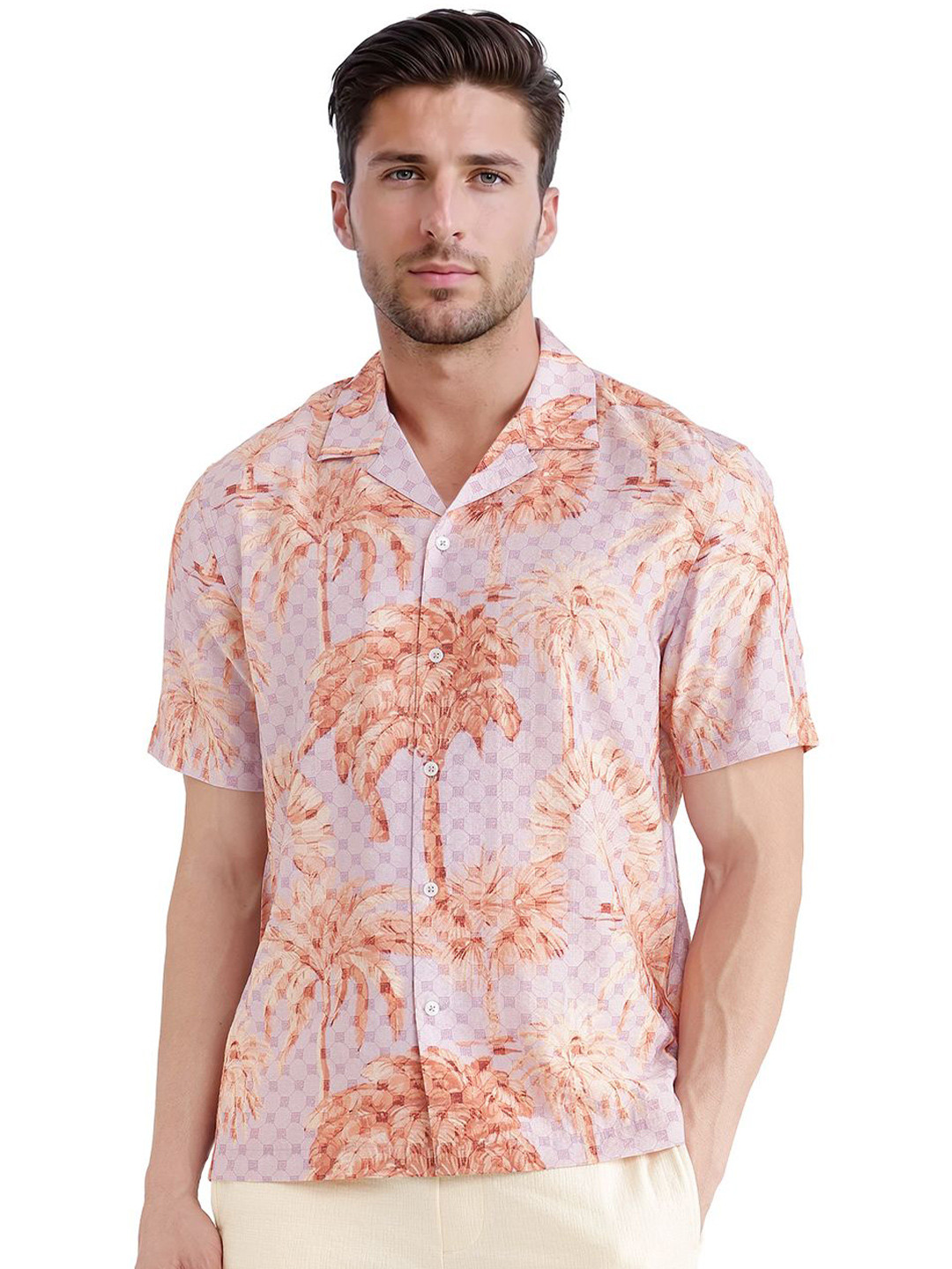 

RARE RABBIT Men Comfort Relaxed Fit Cuban Collar Floral Printed Casual Shirt, Purple