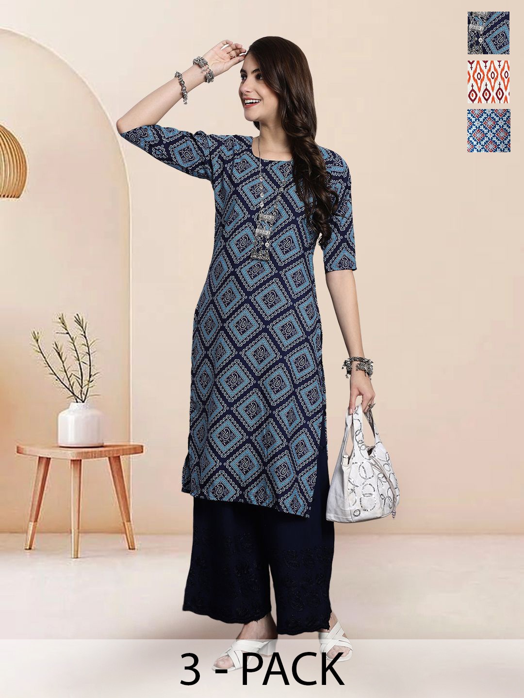 

7Threads Selection Of 3 Ethnic Motifs Printed Kurtas, Navy blue