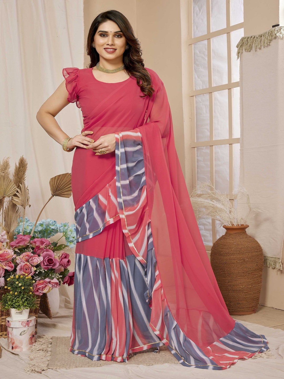 

Panzora Leheriya Printed Ruffles Saree, Pink