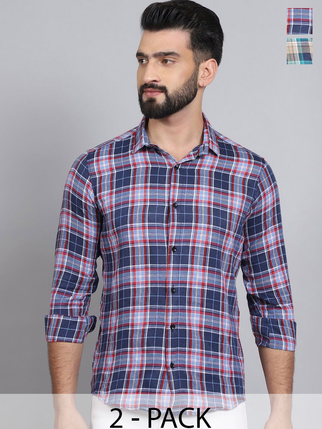 

Tanip Men Pack Of 2 Spread Collar Tartan Checked Cotton Casual Shirts, Blue