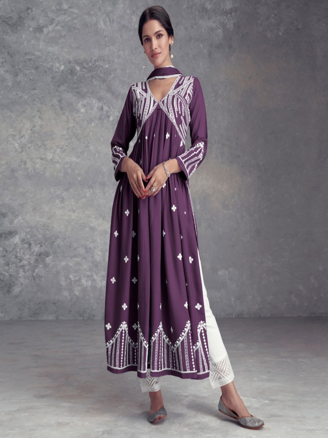 

Peachmode Floral Embroidered Empire A Line Kurta with Trousers & With Dupatta, Purple