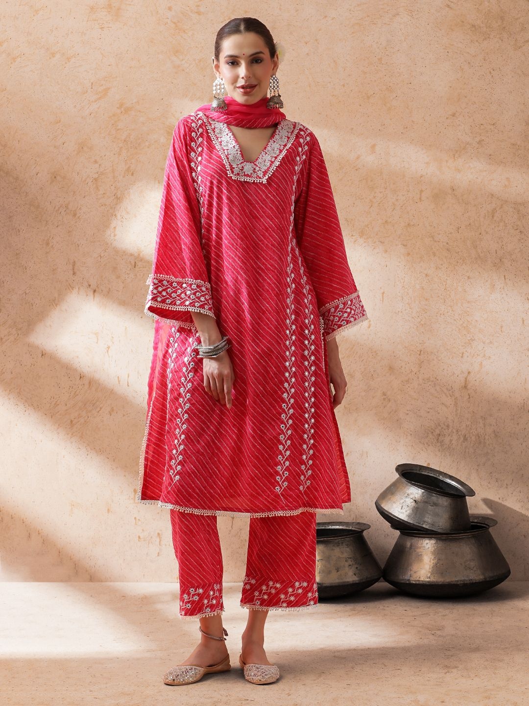 

STYLEBAAZI Embroidered V-Neck Mirror Work Pure Cotton A-Line Kurta With Palazzo & Dupatta, Pink