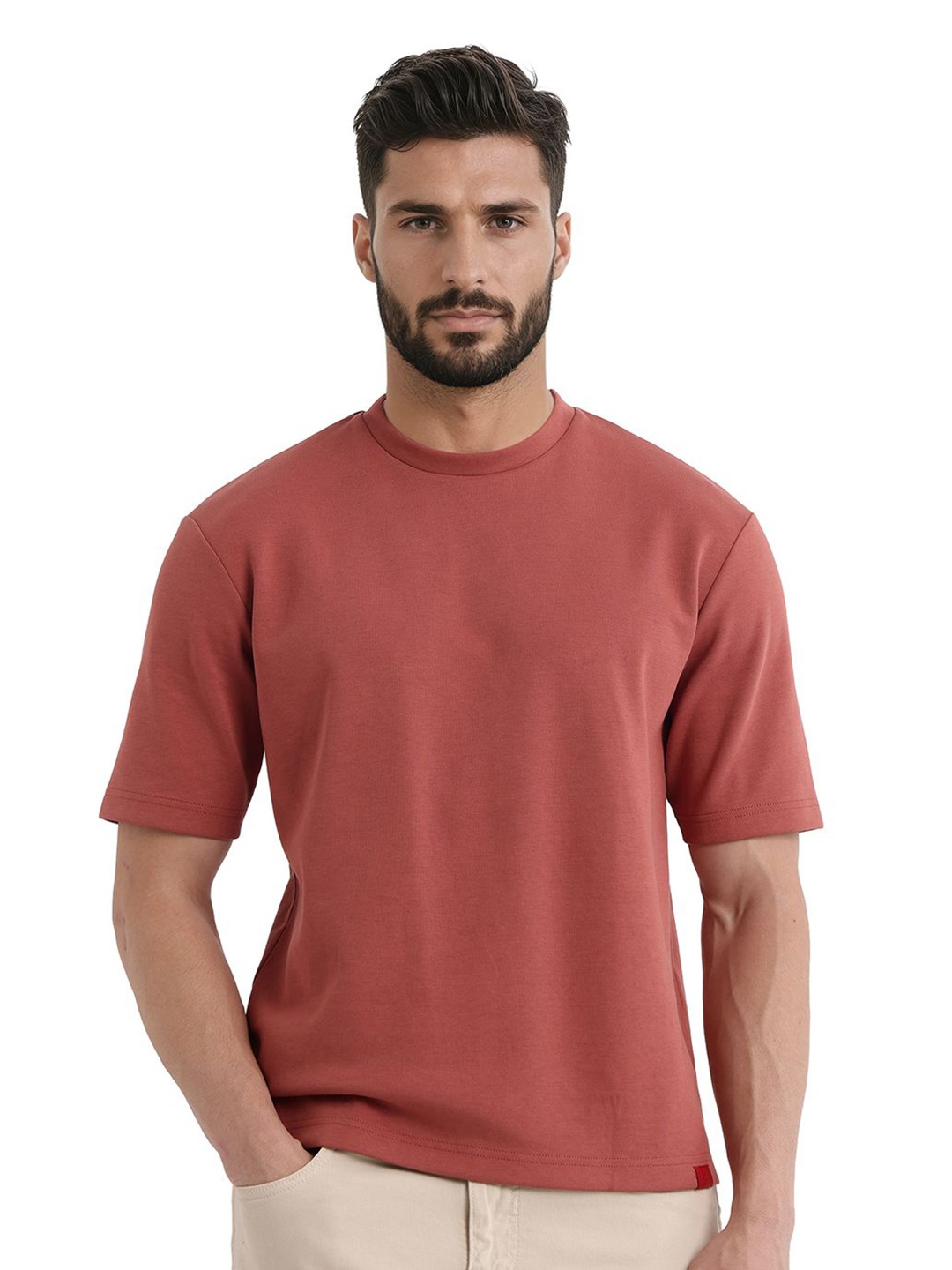 

RARE RABBIT Men Solid Round Neck Cotton Oversized T-shirt, Rust