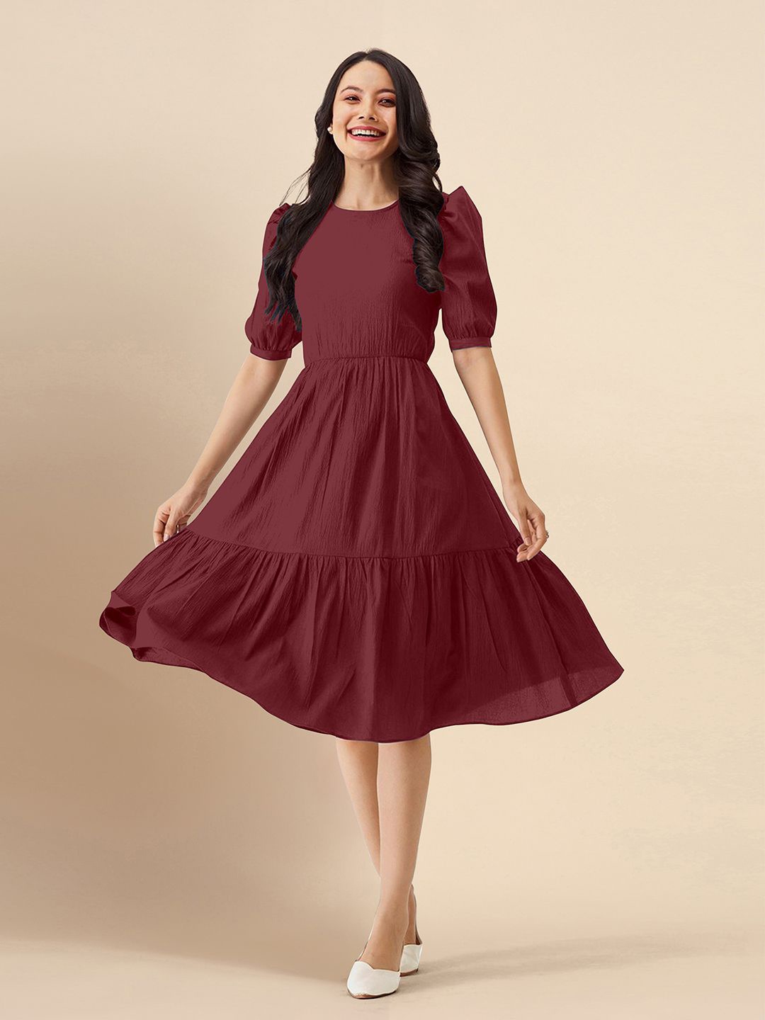 

Trendmalls Puff Sleeve Layered Crepe Fit & Flare Dress, Maroon