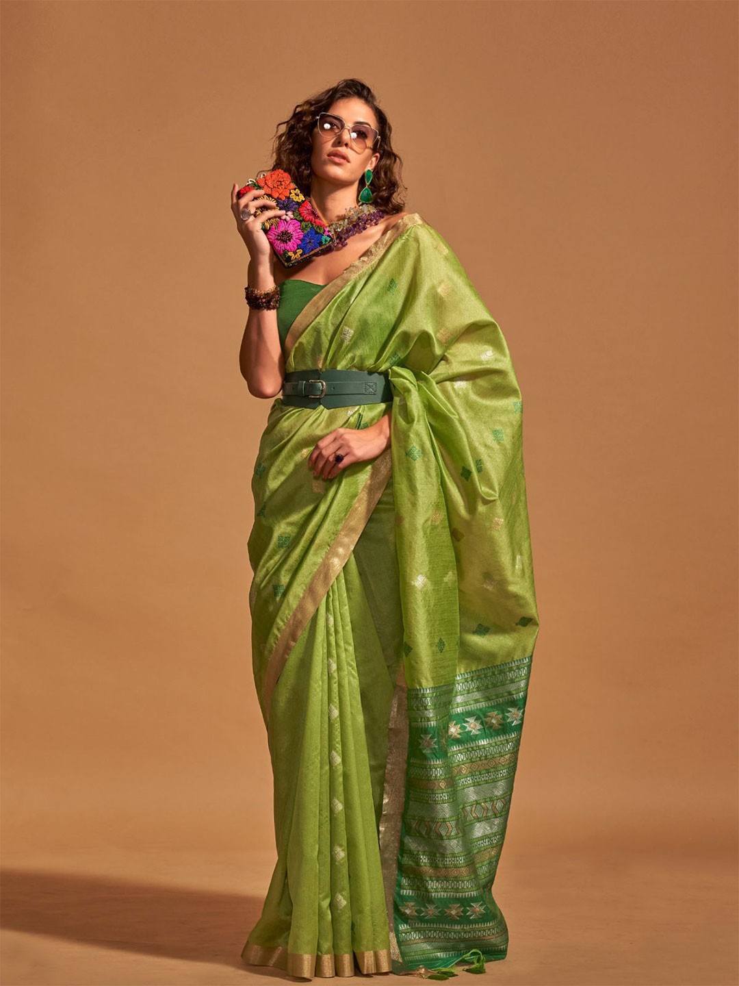 

ODETTE Woven Design Zari Silk Blend Saree, Green