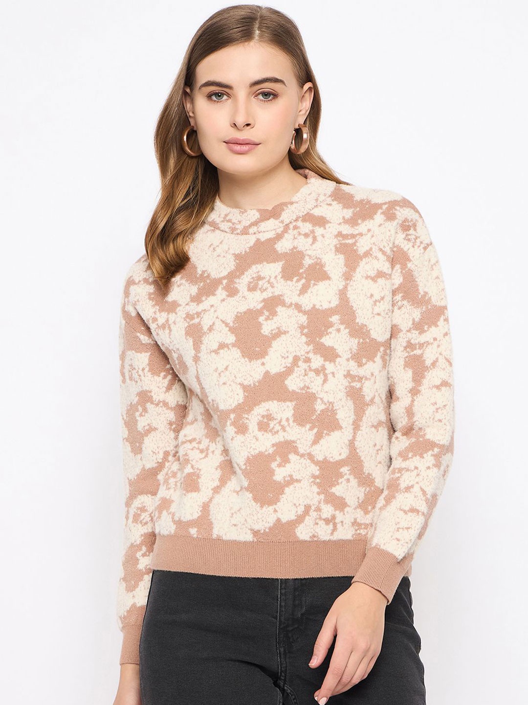 

Madame Women Floral Printed Polyester PU Coated Pullover, Beige