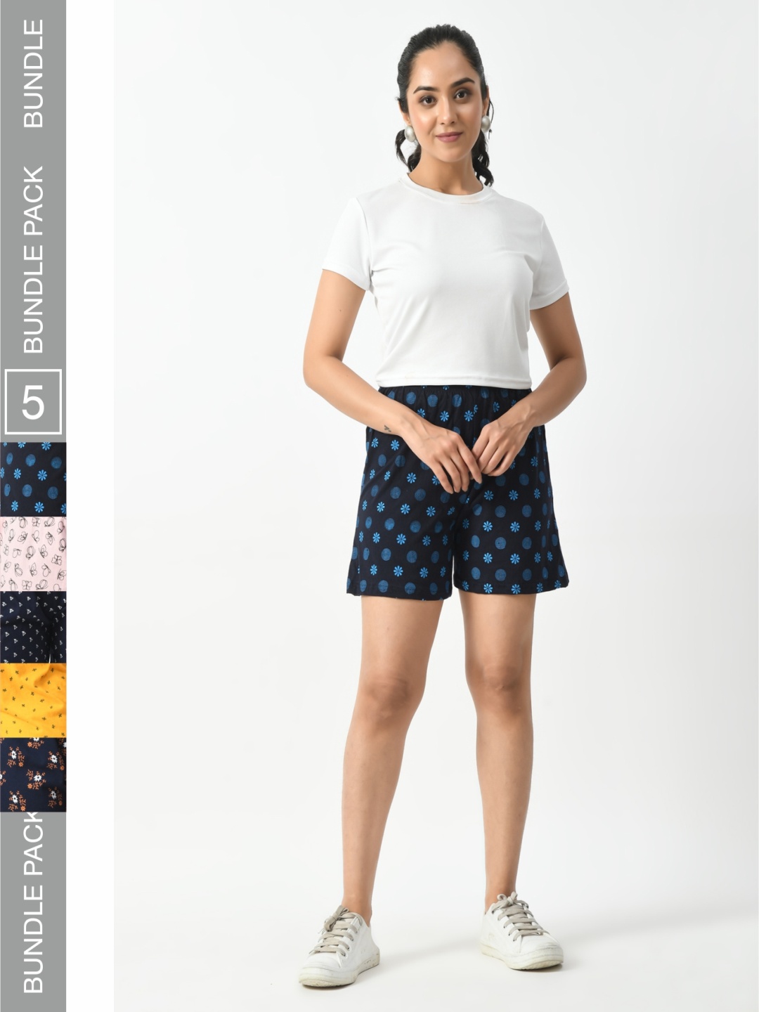

BAESD Women Pack of 5 Printed High-Rise Pure Cotton Shorts, Navy blue