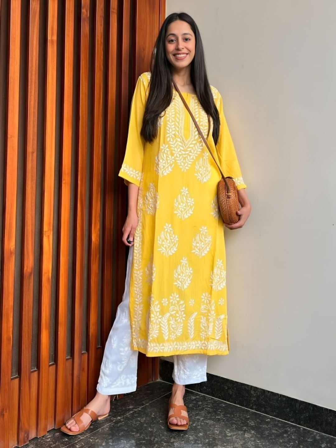 

Rujave Women Floral Embroidered Regular Chikankari Kurta with Palazzos, Yellow
