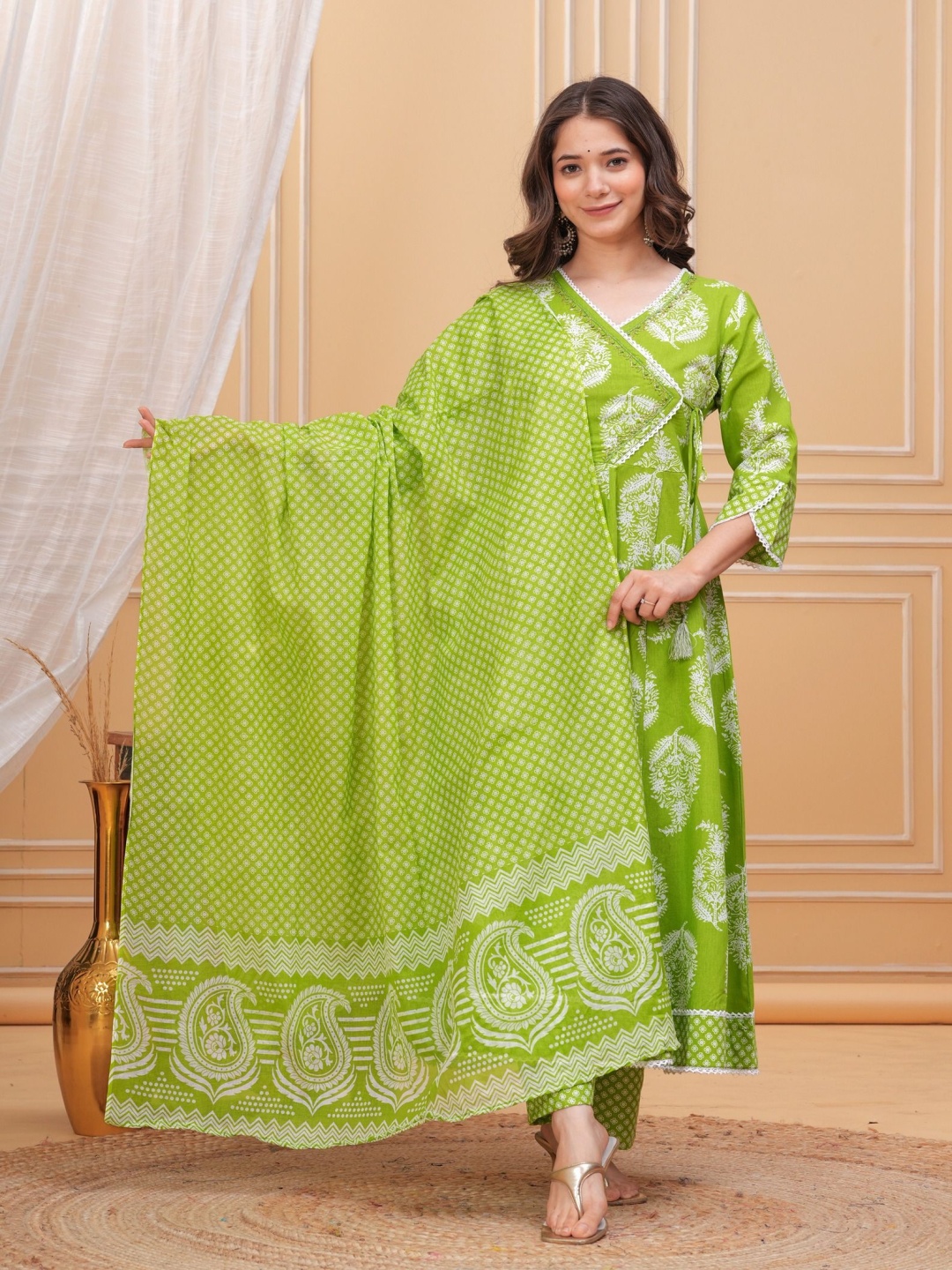 

PARTHVI Printed Beaded Angrakha Pure Cotton Anarkali Kurta With Trouser & Dupatta, Green