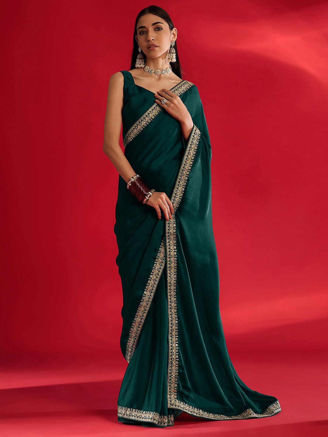 

Mitera Embroidered Satin Saree, Green