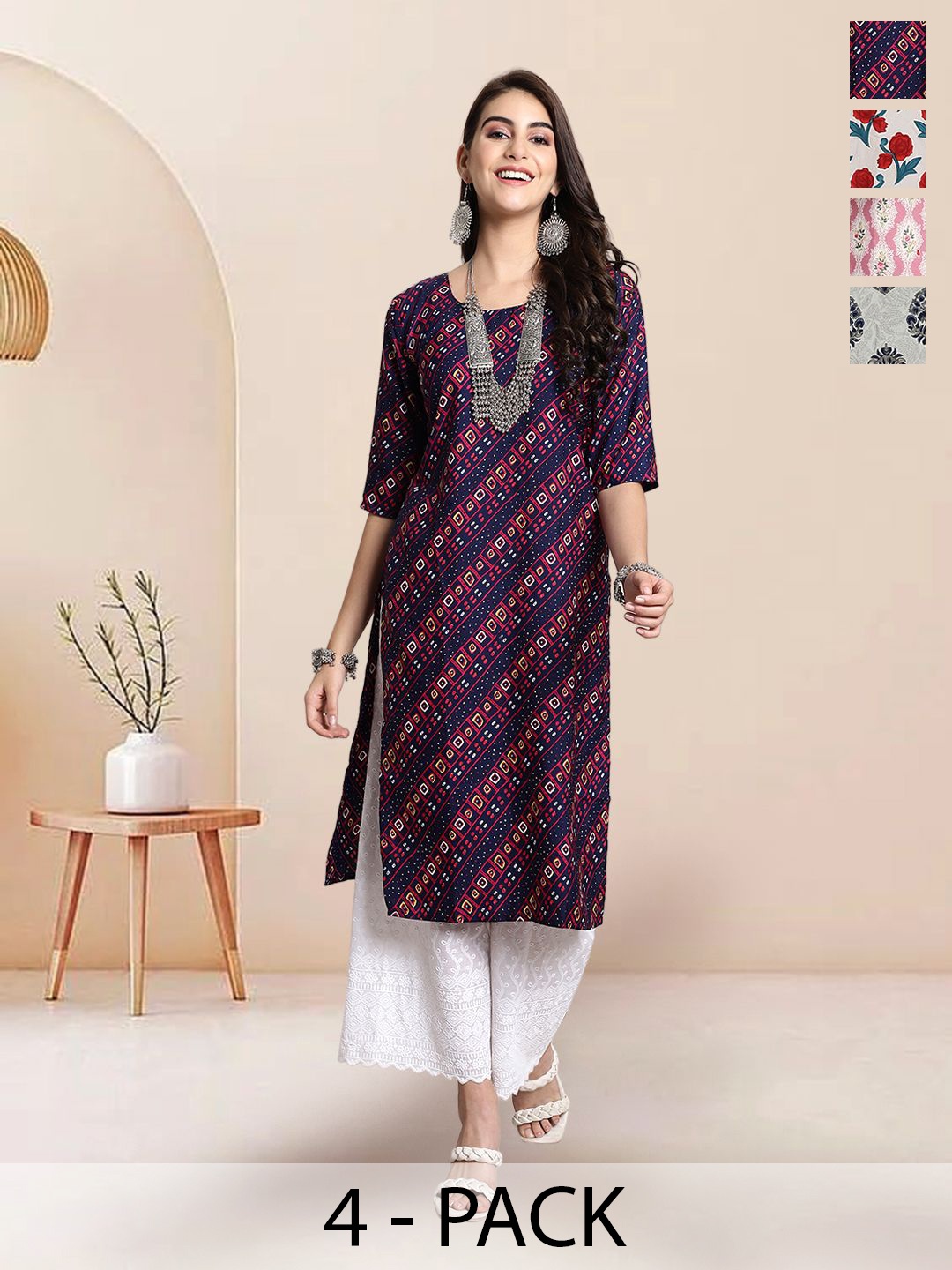 

7Threads Selection Of 4 Geometric Printed Round Neck Kurtas, Blue