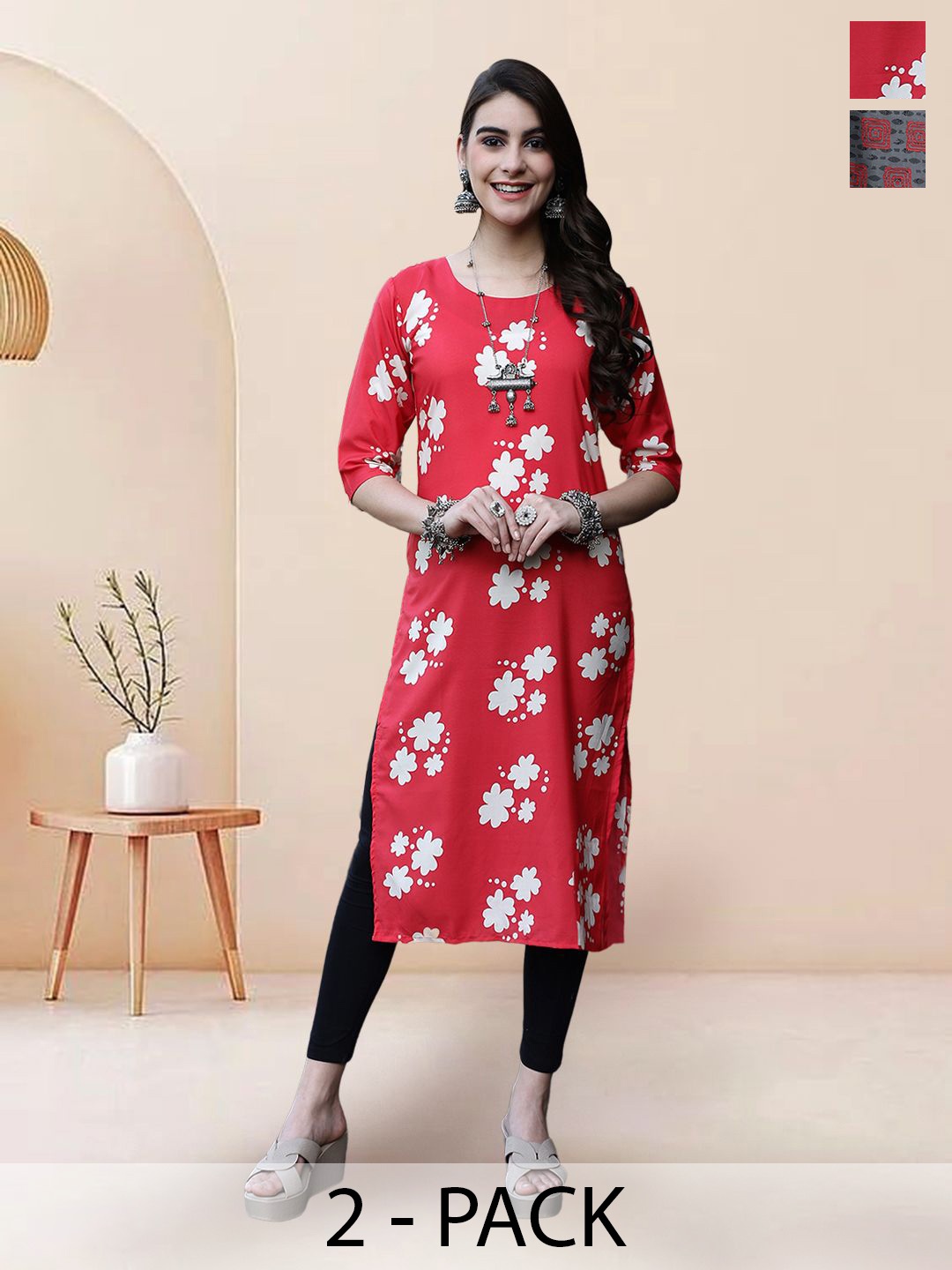 

7Threads Selection of 2 Floral Printed Round Neck Straight Kurtas, Red