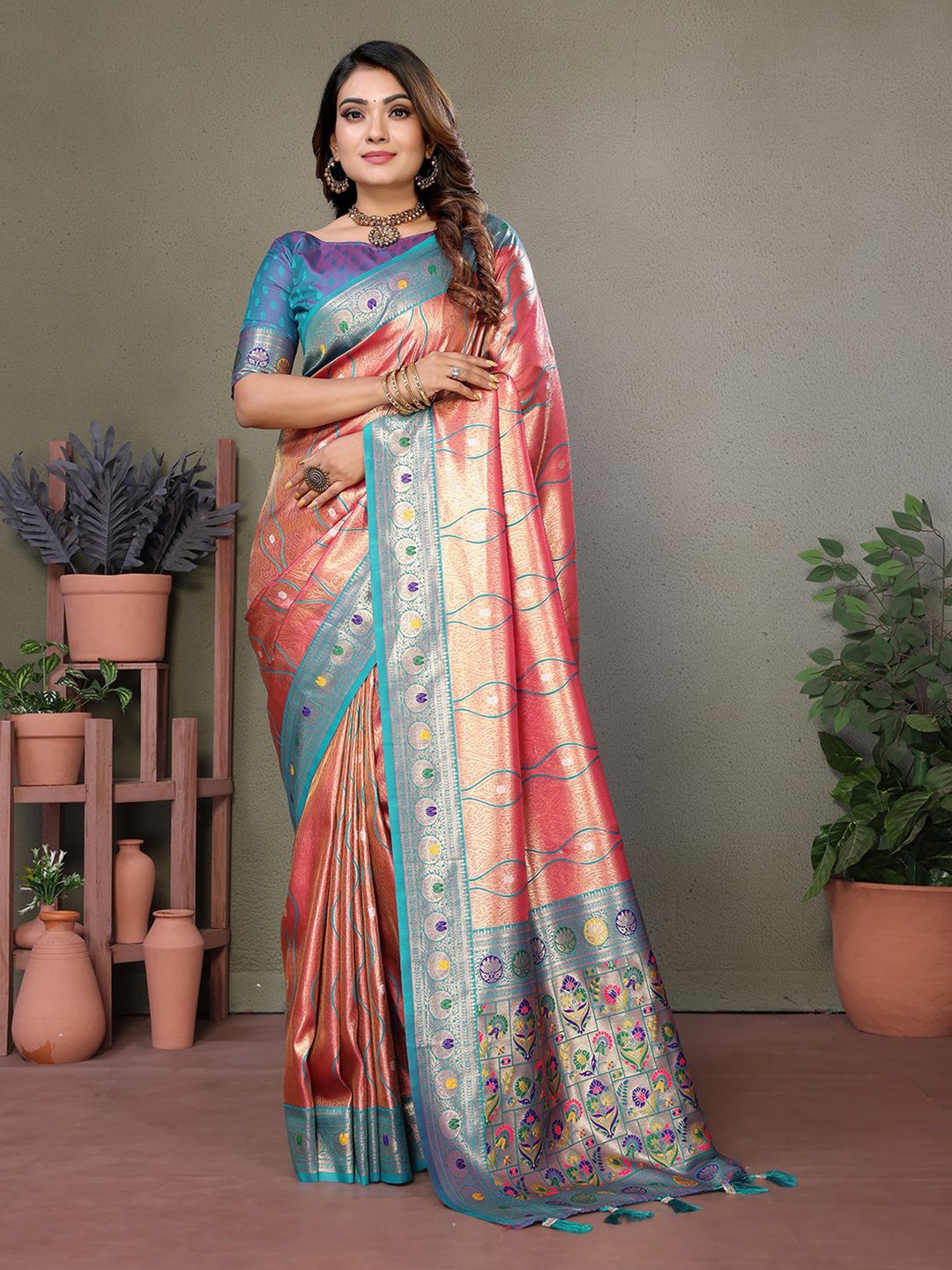 

Panzora Woven Design Zari Silk Blend Banarasi Saree, Pink