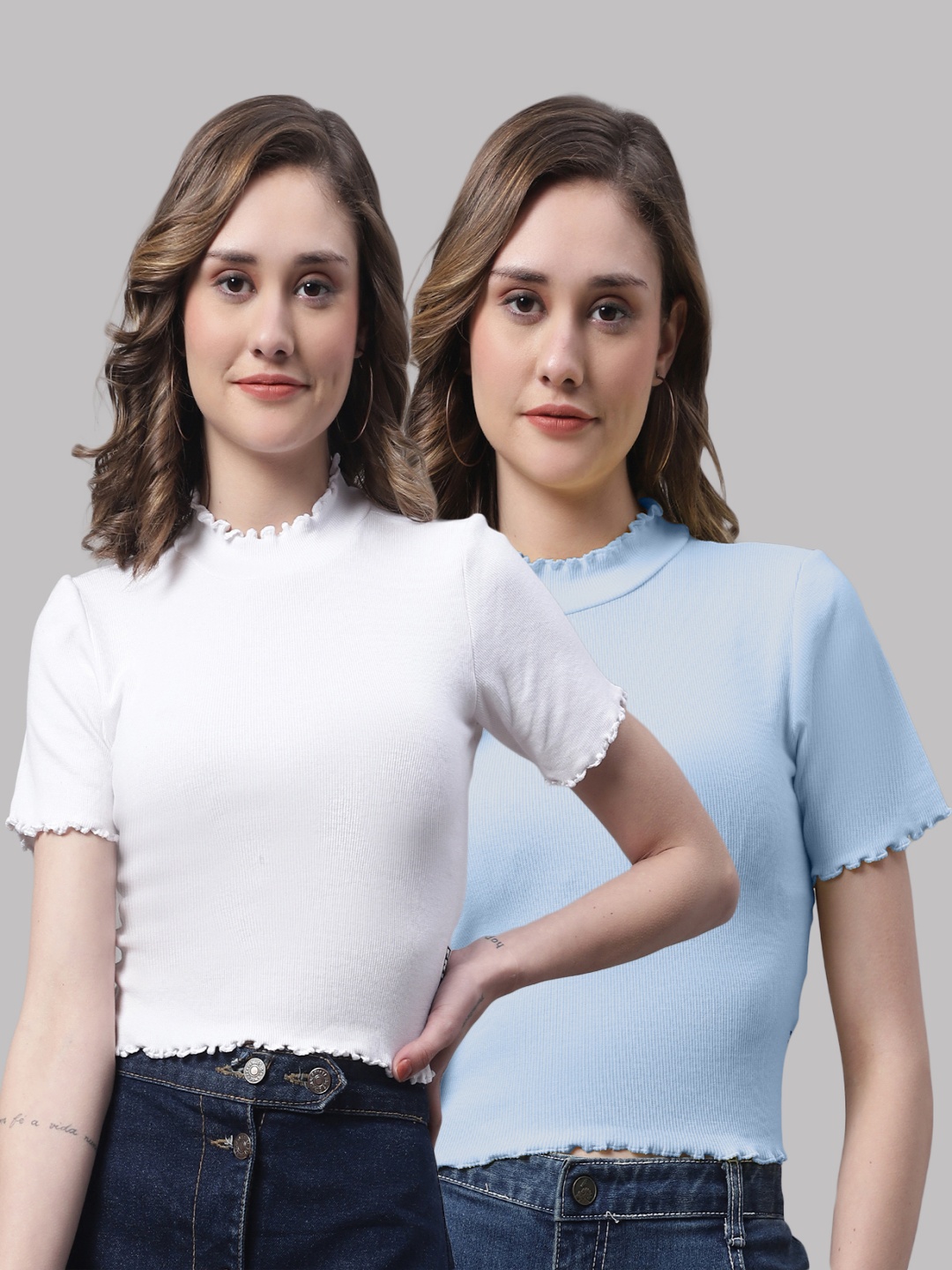 

FBAR Pack Of 2 Cotton High Neck Crop Top, White