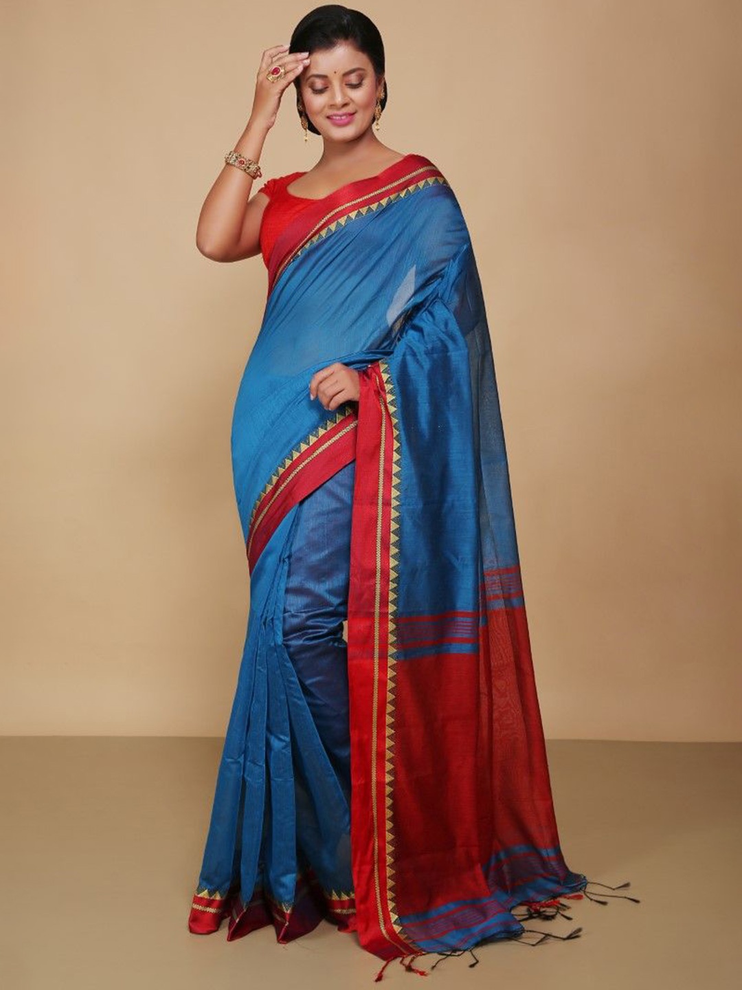 

BENGAL HANDLOOM Art Silk Taant Saree, Turquoise blue
