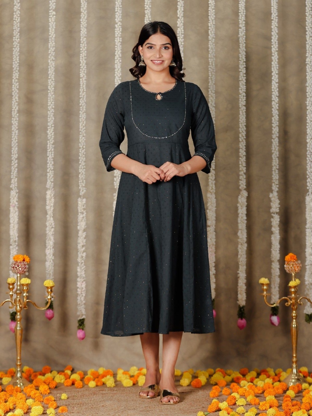

Aramya Sequence Work Key Hole Neck Pure Cotton A Line Ethnic Dress, Black