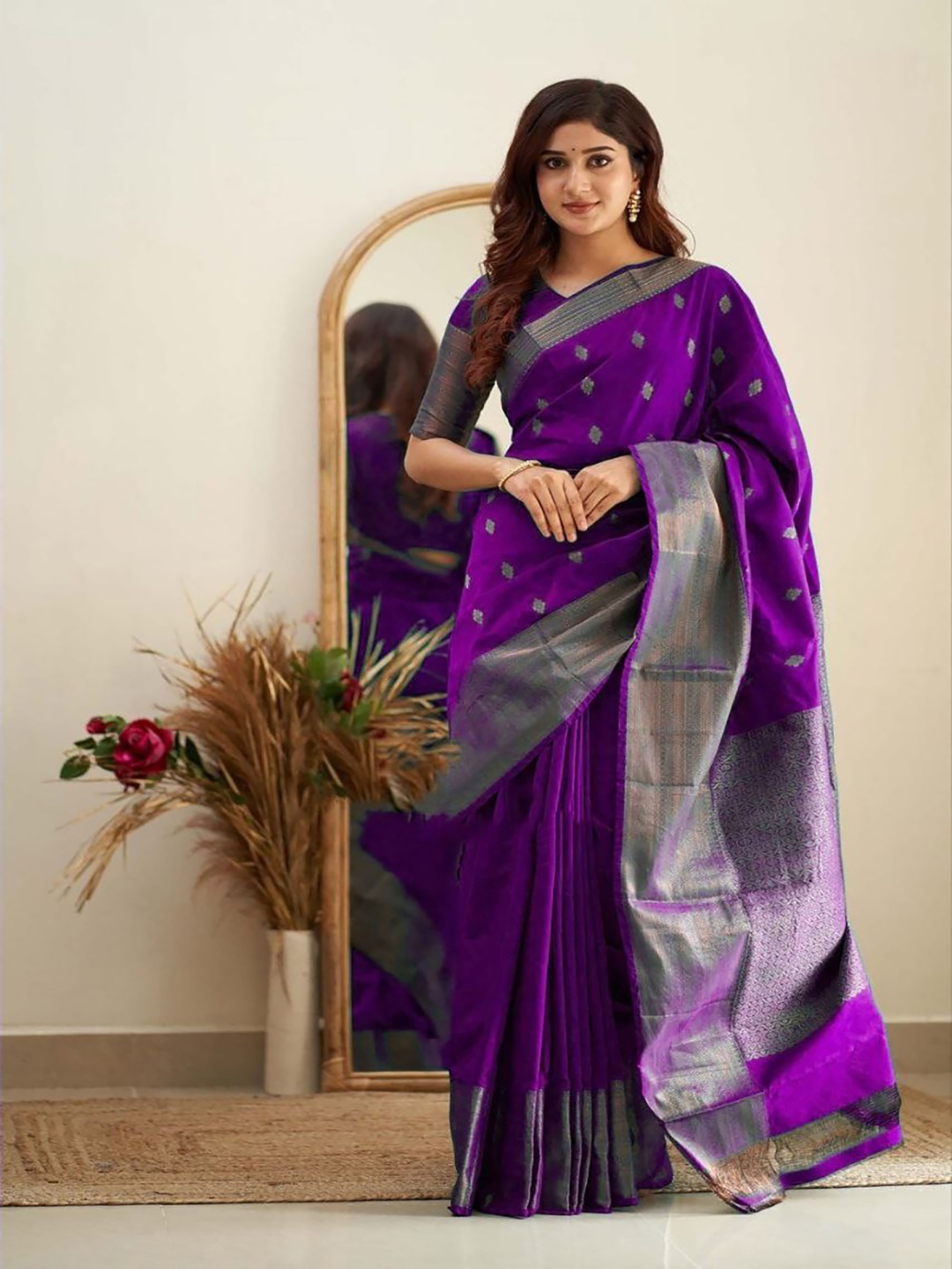 

Anjaneya Sarees Ethnic Motifs Zari Silk Blend Banarasi Saree, Purple