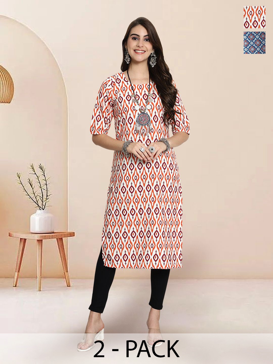 

7Threads Selection Of 2 Ethnic Motifs Printed Straight Kurtas, White