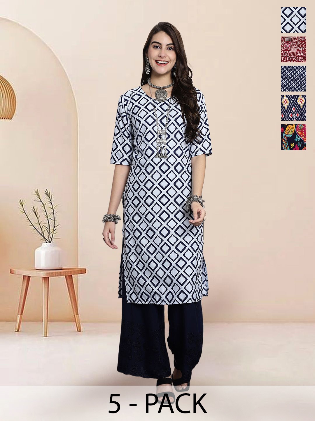 

7Threads Selection Of 5 Geometric Printed Straight Kurtas, White