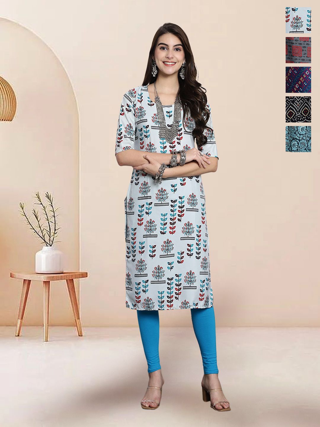

7Threads Selection Of 5 Floral Printed Round Neck Straight Kurtas, Blue