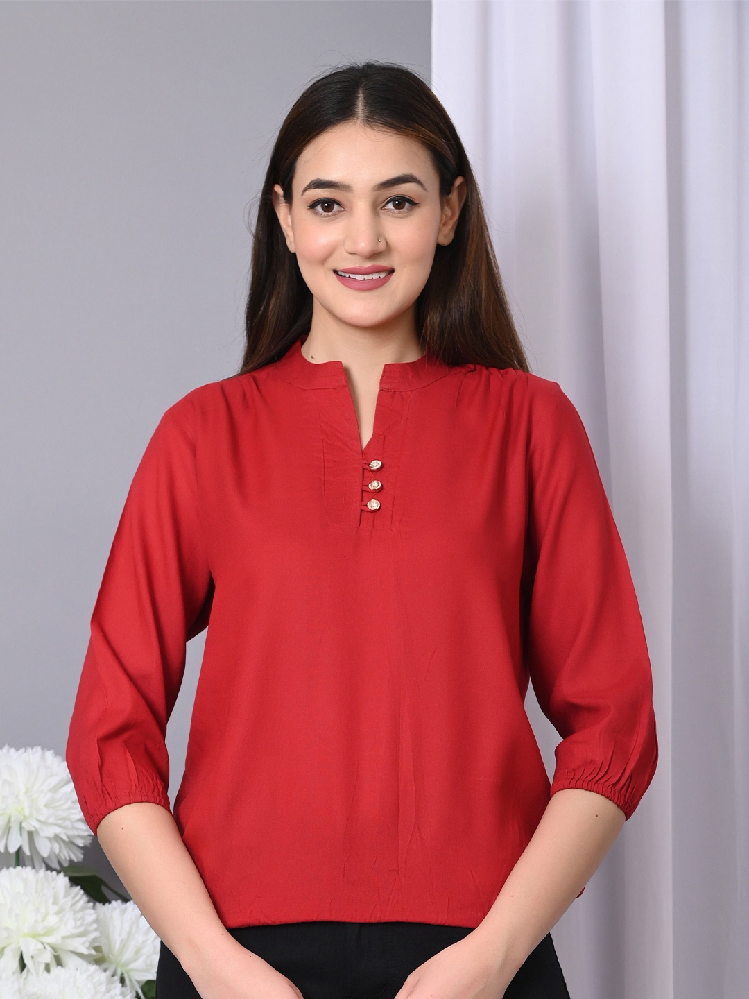 

VYMO Mandarin Collar Shirt Style Top, Red