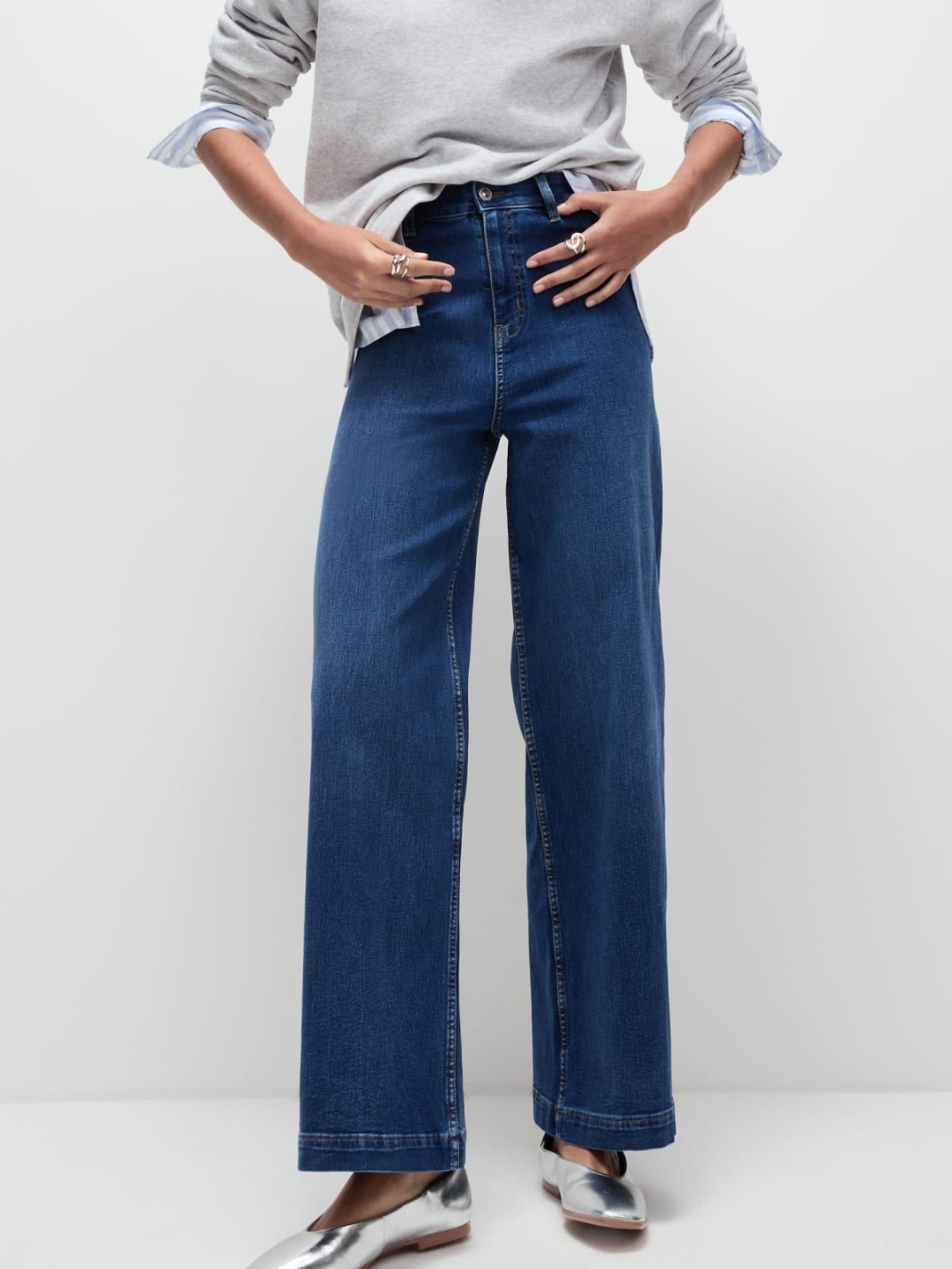 

Marks & Spencer Women Wide Leg High-Rise Low Distress Jeans, Blue