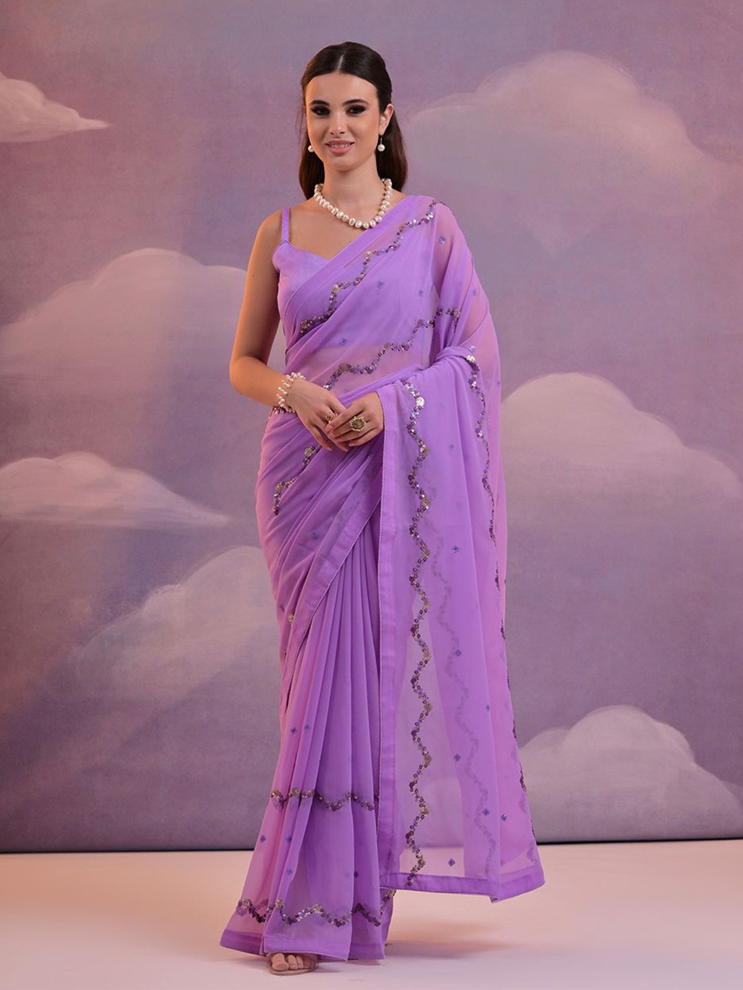 

KALINI Embellished Sequinned Poly Georgette Saree, Lavender