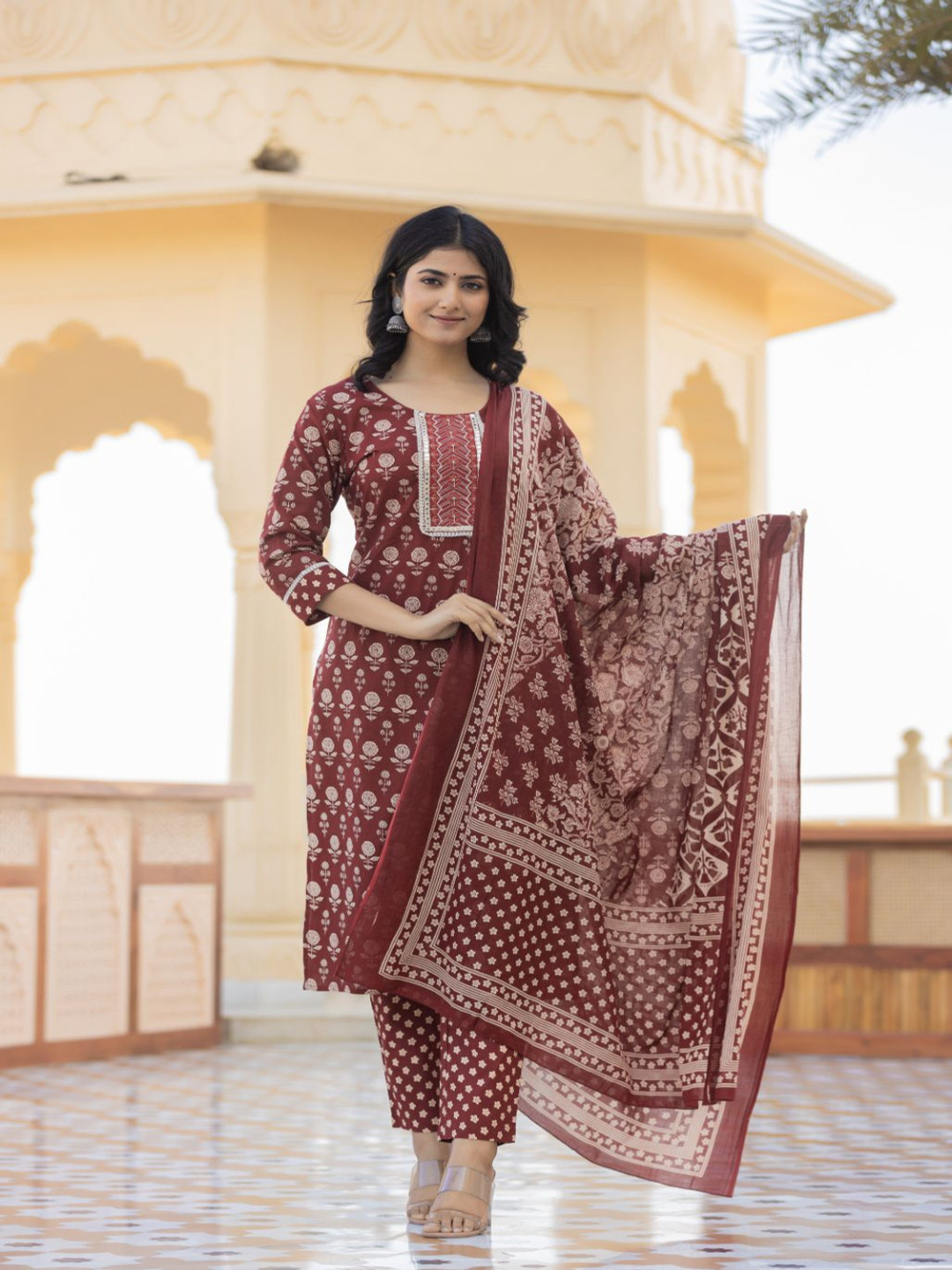 

AARDRAA Floral Printed Mirror Work Pure Cotton Straight Kurta With Trousers & Dupatta, Brown