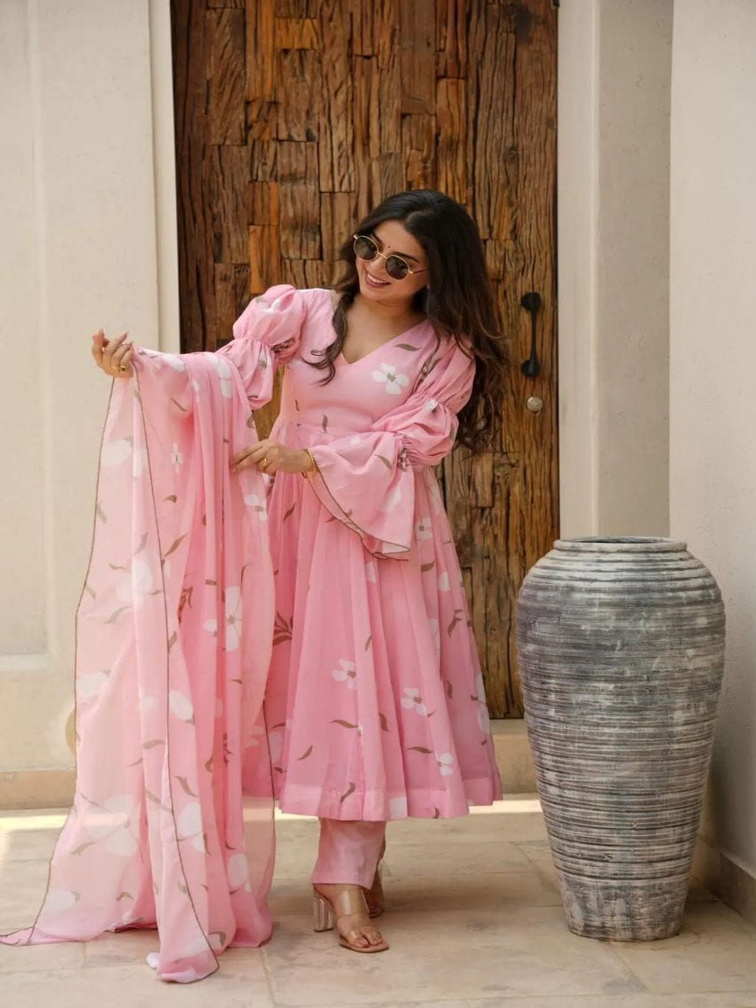 

WHATNOT STYLE Floral Printed Bell Sleeves Cotton Anarkali Kurta With Trousers & Dupatta, Pink