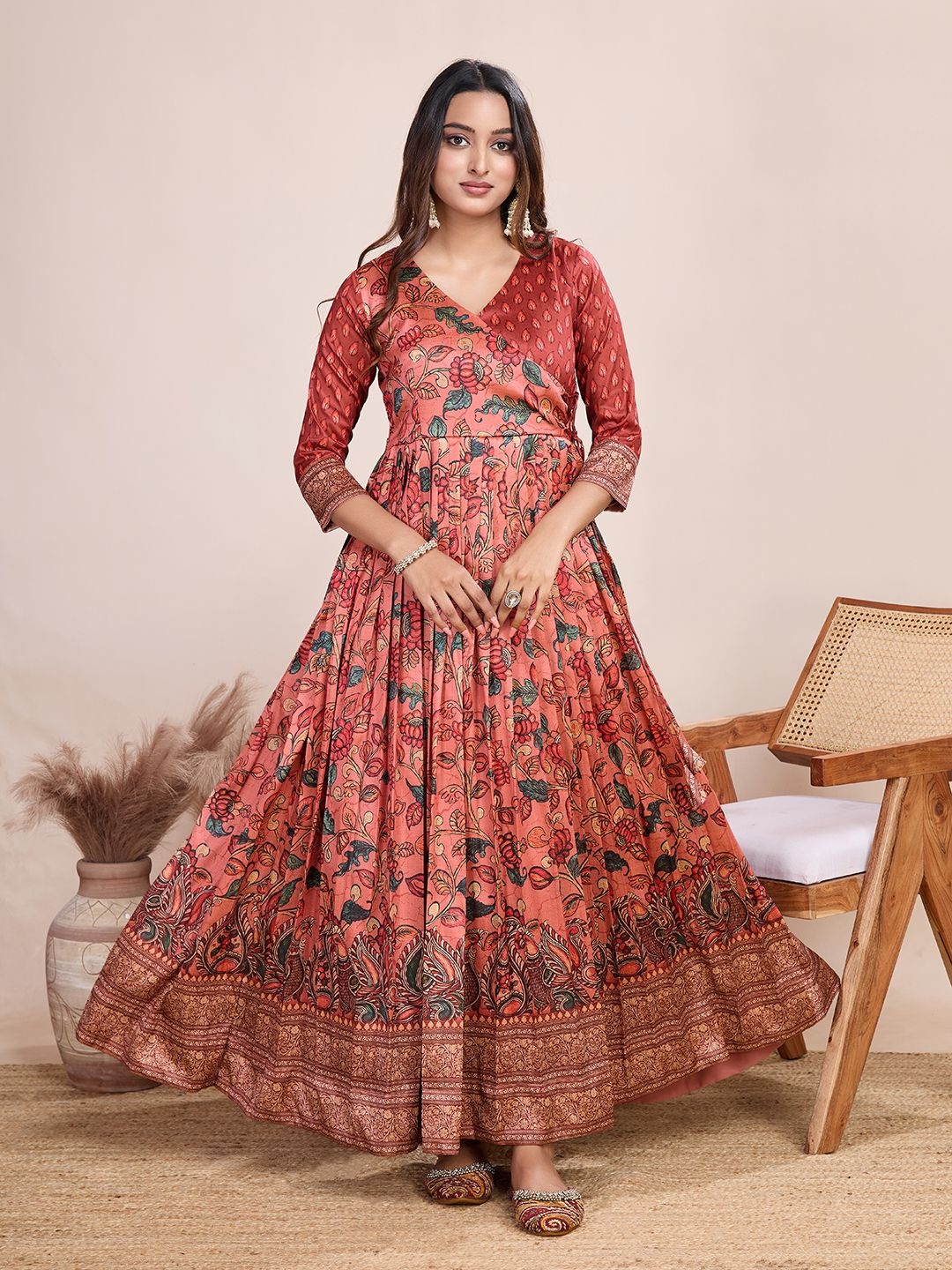 

Tasarika Printed V-Neck Maxi Ethnic Dress, Red