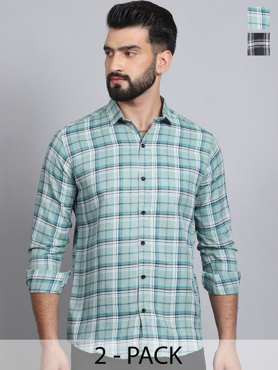 

Tanip Men Pack Of 2 Spread Collar Tartan Checked Cotton Casual Shirts, Green