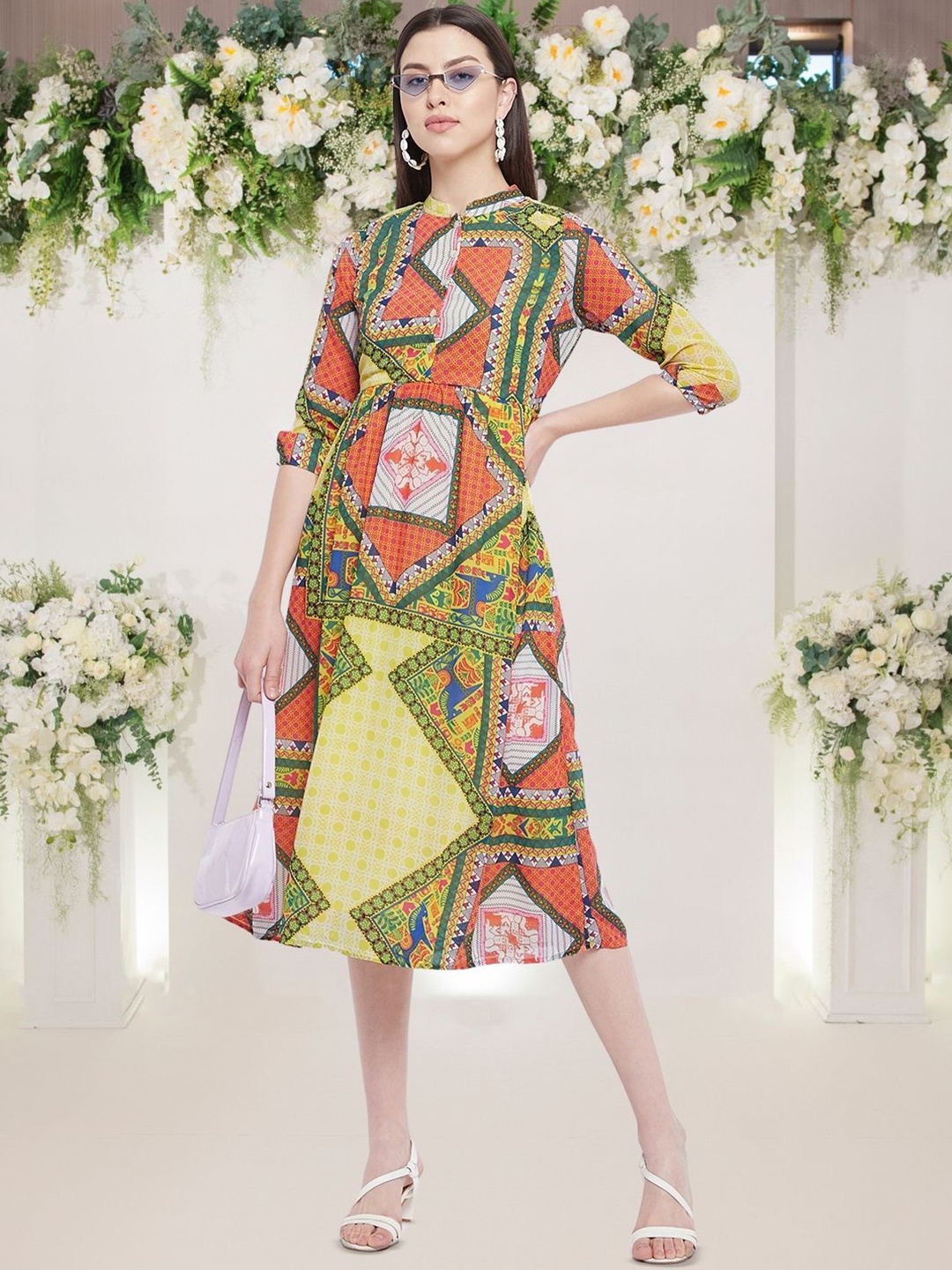 

DressBerry Print Georgette A-Line Midi Dress, Yellow
