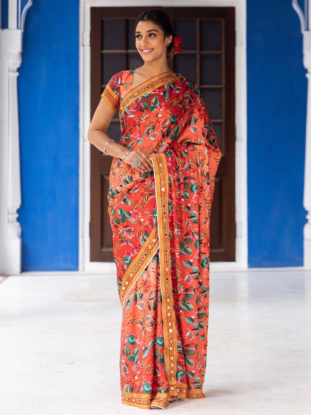 

ASHEERA Floral Mirror Work Satin Saree, Orange