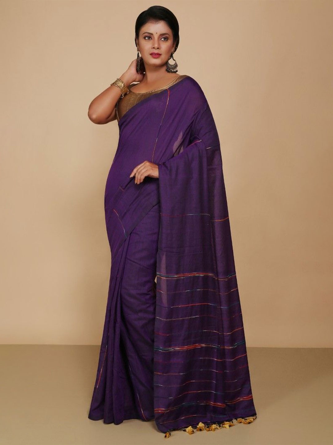 

BENGAL HANDLOOM Woven Design Art Silk Taant Saree, Violet