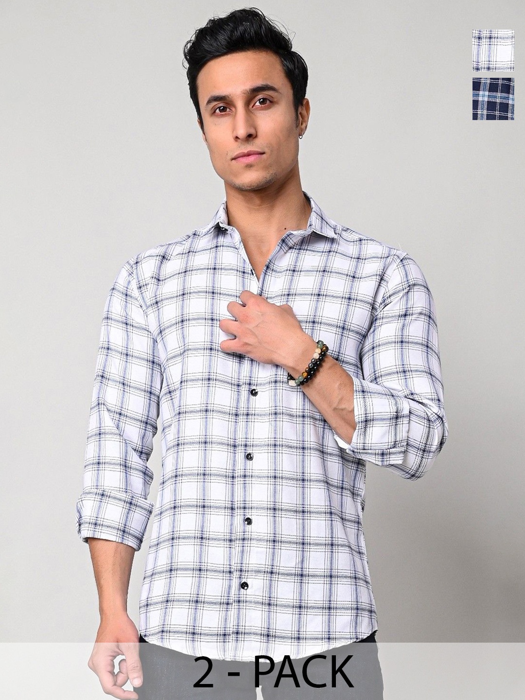 

Tanip Men Pack Of 2 Spread Collar Tartan Checked Cotton Casual Shirts, White